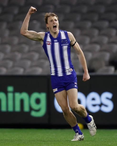 Nick Larkey of the Kangaroos celebrates a goal during the 2021 AFL Round 22 match between the North Melbourne Kangaroos and the Sydney Swans at...