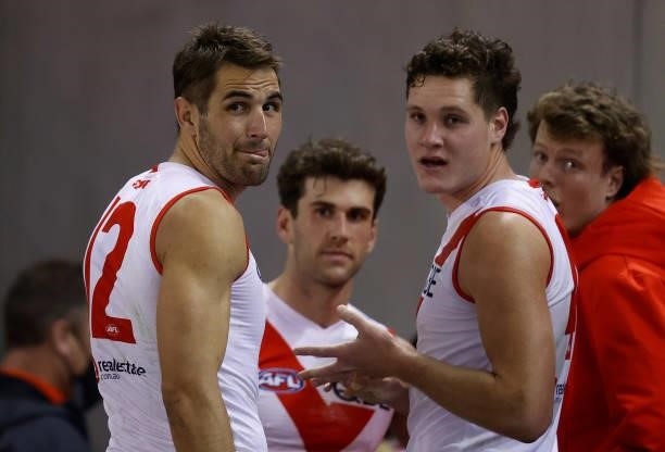 Josh P. Kennedy and Hayden McLean of the Swans look on during the 2021 AFL Round 22 match between the North Melbourne Kangaroos and the Sydney Swans...