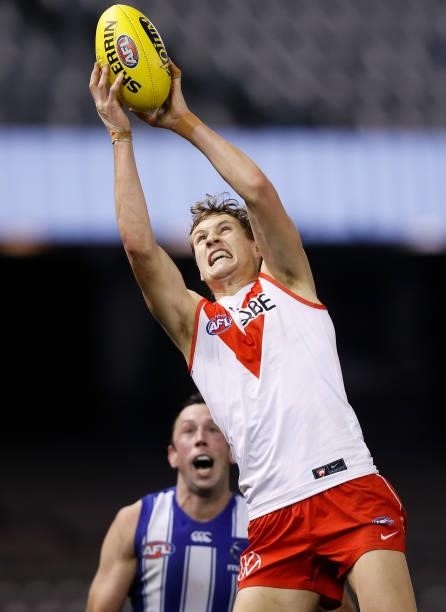 Jordan Dawson of the Swans marks the ball during the 2021 AFL Round 22 match between the North Melbourne Kangaroos and the Sydney Swans at Marvel...