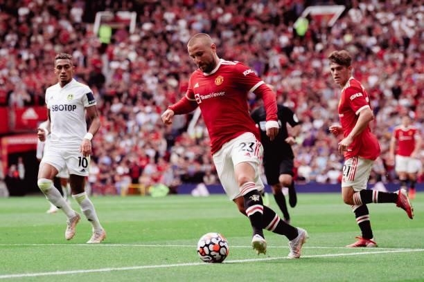 Luke Shaw of Manchester United in action during the Premier League match between Manchester United and Leeds United at Old Trafford on August 14,...