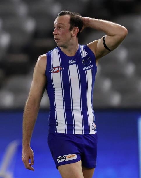 Todd Goldstein of the Kangaroos looks dejected after a loss during the 2021 AFL Round 22 match between the North Melbourne Kangaroos and the Sydney...