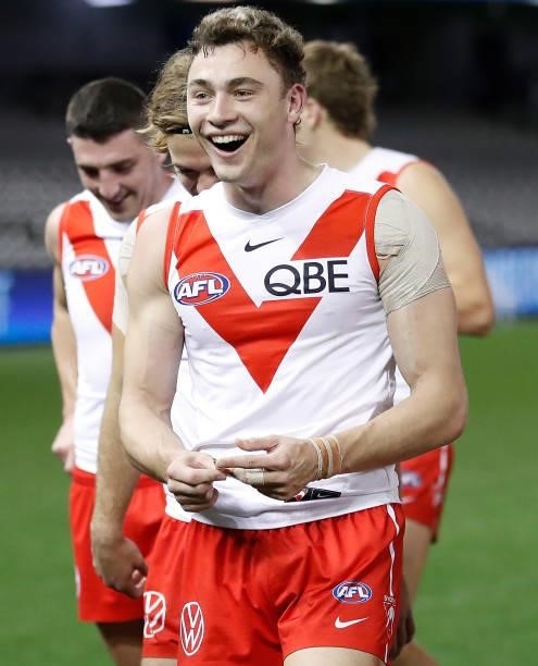 Will Hayward of the Swans celebrates during the 2021 AFL Round 22 match between the North Melbourne Kangaroos and the Sydney Swans at Marvel Stadium...