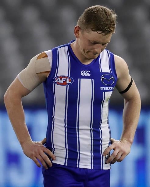 Jack Ziebell of the Kangaroos looks dejected after a loss during the 2021 AFL Round 22 match between the North Melbourne Kangaroos and the Sydney...