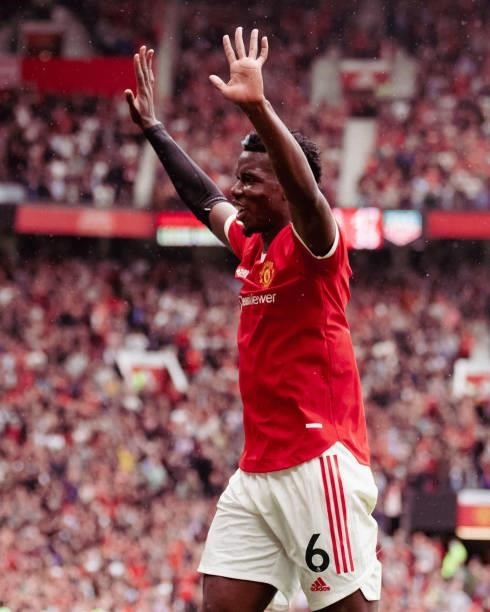 Paul Pogba of Manchester United celebrates during the Premier League match between Manchester United and Leeds United at Old Trafford on August 14,...