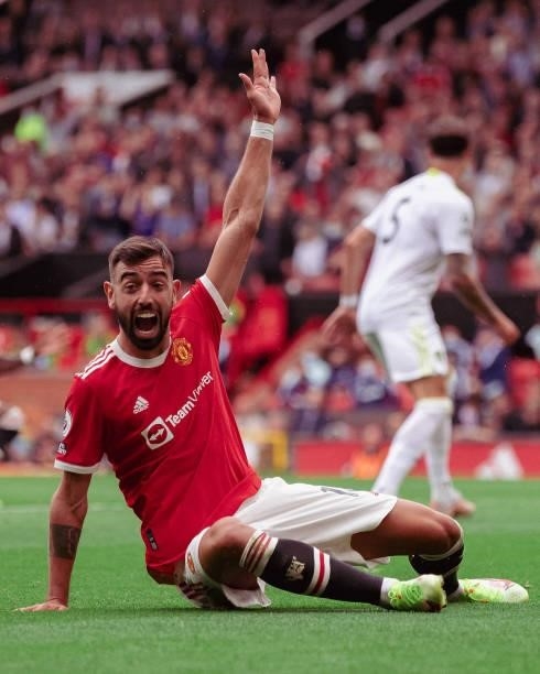 Bruno Fernandes of Manchester United celebrates scoring a goal to make it 3-1 during the Premier League match between Manchester United and Leeds...