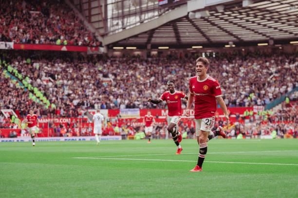 Daniel James of Manchester United runs towards Bruno Fernandes of Manchester United after he scored a goal to make it 3-1 during the Premier League...