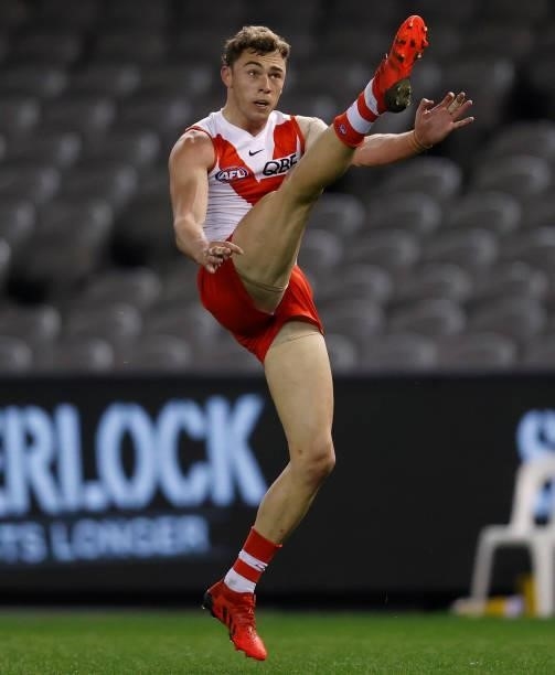 Will Hayward of the Swans kicks a goal during the 2021 AFL Round 22 match between the North Melbourne Kangaroos and the Sydney Swans at Marvel...