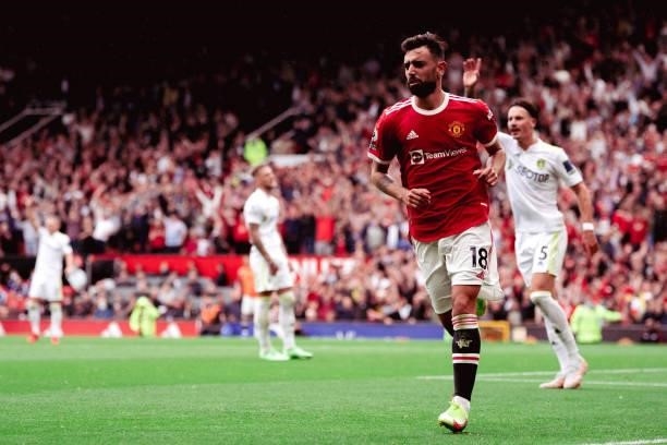 Bruno Fernandes of Manchester United celebrates scoring a goal to make it 4-1 during the Premier League match between Manchester United and Leeds...