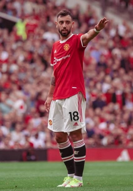 Bruno Fernandes of Manchester United in action during the Premier League match between Manchester United and Leeds United at Old Trafford on August...