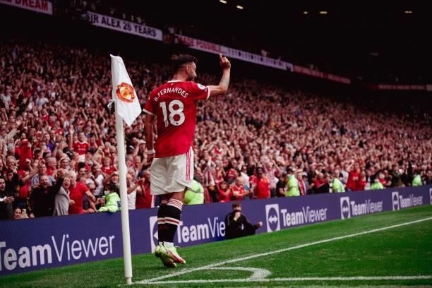 Bruno Fernandes of Manchester United celebrates scoring a goal during the Premier League match between Manchester United and Leeds United at Old...