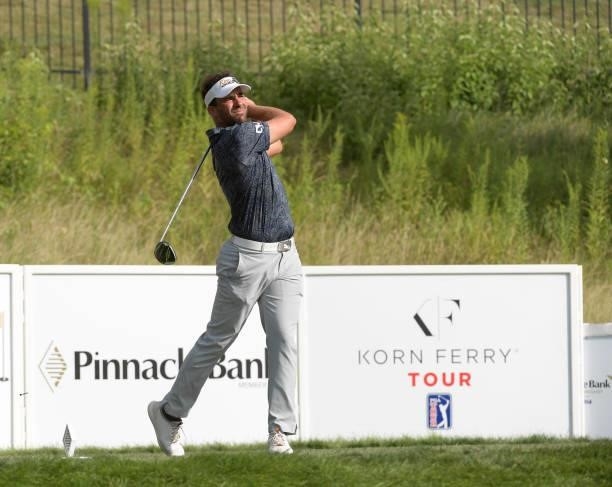 Curtis Thompson plays a tee shot on the 15th hole during the second round of the Korn Ferry Tours Pinnacle Bank Championship presented by Aetna at...