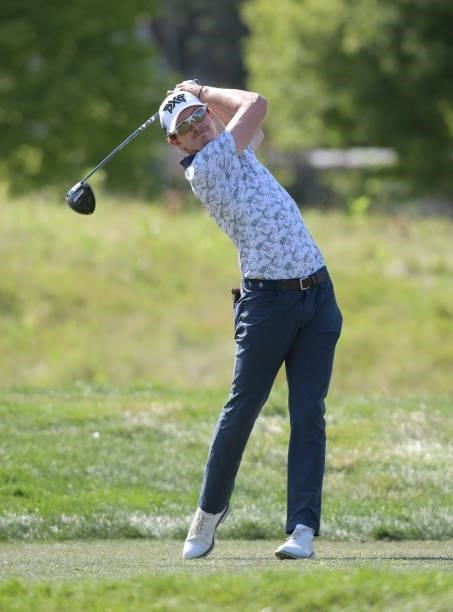 Nicolas Echavarria plays a tee shot on the 12th hole during the second round of the Korn Ferry Tours Pinnacle Bank Championship presented by Aetna at...