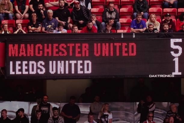 General View of the scoreboard during the Premier League match between Manchester United and Leeds United at Old Trafford on August 14, 2021 in...