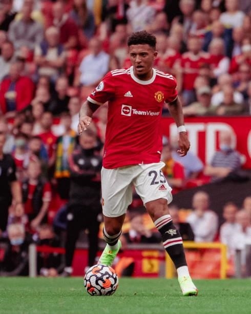 Jason Sancho of Manchester United in action during the Premier League match between Manchester United and Leeds United at Old Trafford on August 14,...