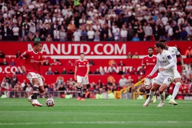 Mason Greenwood of Manchester United in action during the Premier League match between Manchester United and Leeds United at Old Trafford on August...