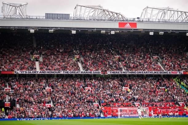 General View of Manchester United fans during the Premier League match between Manchester United and Leeds United at Old Trafford on August 14, 2021...