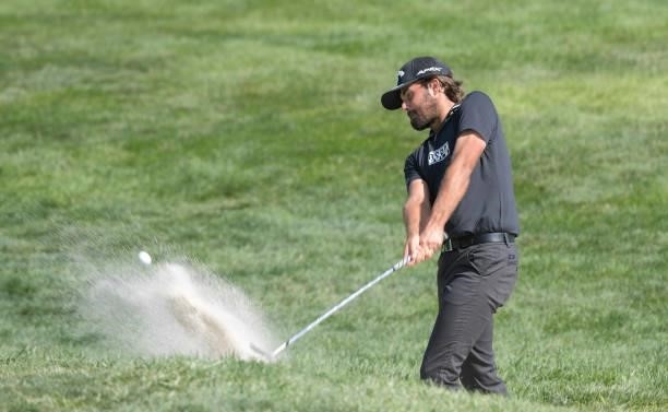 Curtis Luck plays a bunker shot on the fourth hole during the second round of the Korn Ferry Tours Pinnacle Bank Championship presented by Aetna at...