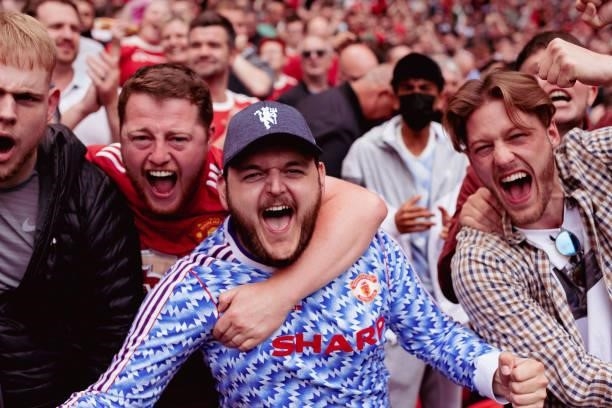 Manchester United fans react during the Premier League match between Manchester United and Leeds United at Old Trafford on August 14, 2021 in...