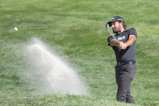 Curtis Luck plays a bunker shot on the fourth hole during the second round of the Korn Ferry Tours Pinnacle Bank Championship presented by Aetna at...