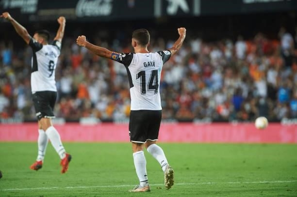 Jose Luis Gaya of FC Valencia celebrates during the La Liga Santader match between Valencia CF and Getafe CF at Estadio Mestalla on August 13, 2021...