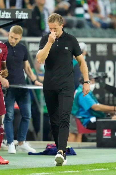 Head coach Julian Nagelsmann of Bayern Muenchen looks dejected during the Bundesliga match between Borussia Moenchengladbach and FC Bayern Muenchen...