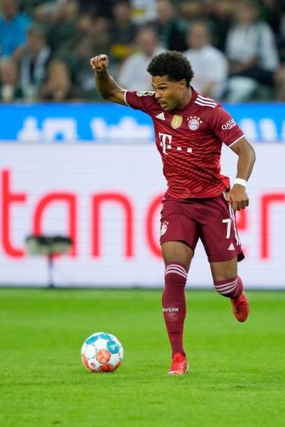 Serge Gnabry of Bayern Muenchen controls the ball during the Bundesliga match between Borussia Moenchengladbach and FC Bayern Muenchen at...