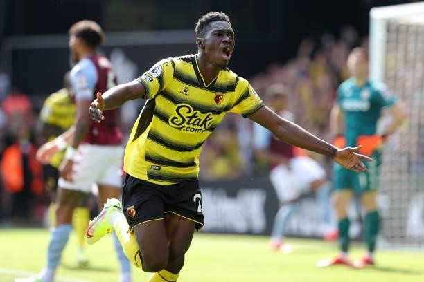 Ismaila Sarr of Watford celebrates scoring their 2nd goal during the Premier League match between Watford and Aston Villa at Vicarage Road on August...