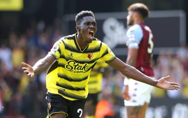 Ismaila Sarr of Watford celebrates scoring their 2nd goal during the Premier League match between Watford and Aston Villa at Vicarage Road on August...