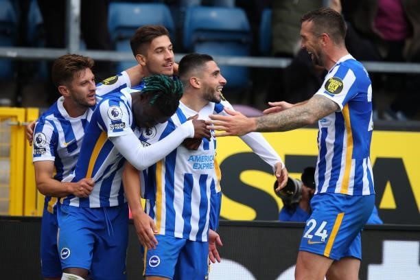 Neil Maupay of Brighton & Hove Albion celebrates after scoring a goal to make it 1-1 during the Premier League match between Burnley and Brighton &...