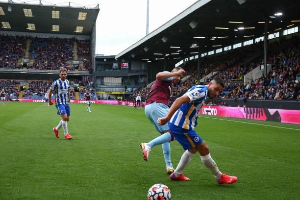 Neil Maupay of Brighton & Hove Albion and Matthew Lowton of Burnley during the Premier League match between Burnley and Brighton & Hove Albion at...