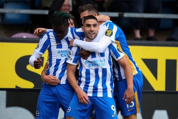 Neil Maupay of Brighton & Hove Albion celebrates after scoring a goal to make it 1-1 during the Premier League match between Burnley and Brighton &...