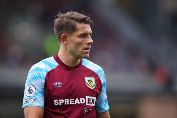 James Tarkowski of Burnley during the Premier League match between Burnley and Brighton & Hove Albion at Turf Moor on August 14, 2021 in Burnley,...