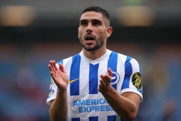 Neil Maupay of Brighton and Hove Albion applauds the fans at full time during the Premier League match between Burnley and Brighton & Hove Albion at...