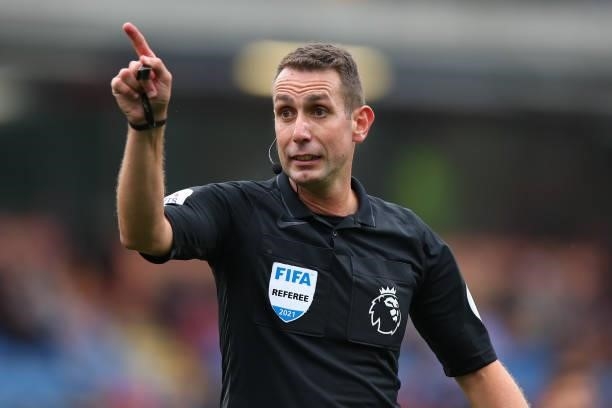 Referee David Coote during the Premier League match between Burnley and Brighton & Hove Albion at Turf Moor on August 14, 2021 in Burnley, England.