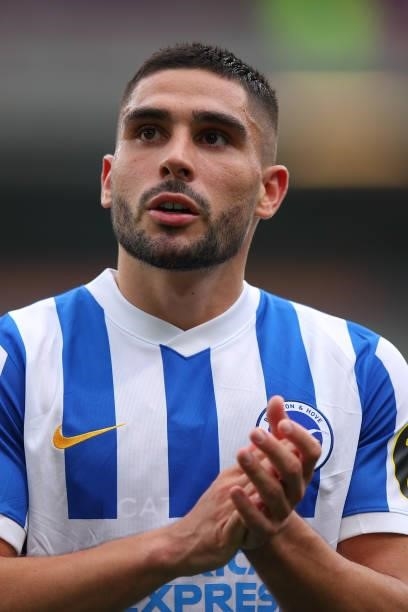 Neil Maupay of Brighton and Hove Albion applauds the fans at full time during the Premier League match between Burnley and Brighton & Hove Albion at...