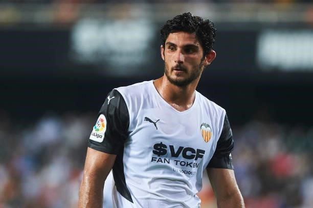 Gonzalo Guedes of FC Valencia looks on during the La Liga Santader match between Valencia CF and Getafe CF at Estadio Mestalla on August 13, 2021 in...