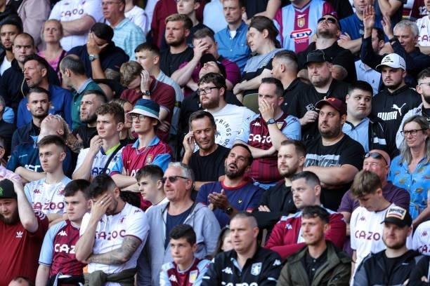 Villa fans look pensive during the Premier League match between Watford and Aston Villa at Vicarage Road on August 14, 2021 in Watford, England.