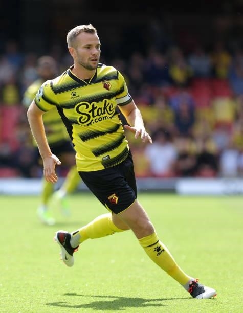 Tom Cleverley of Watford during the Premier League match between Watford and Aston Villa at Vicarage Road on August 14, 2021 in Watford, England.