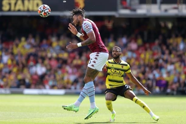 Tyrone Mings of Villa during the Premier League match between Watford and Aston Villa at Vicarage Road on August 14, 2021 in Watford, England.