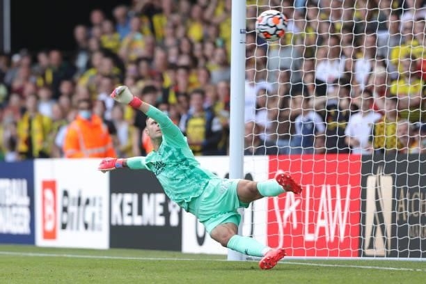 Watford goalkeeper Daniel Bachmann fails to save the penalty of Danny Ings of Villa during the Premier League match between Watford and Aston Villa...