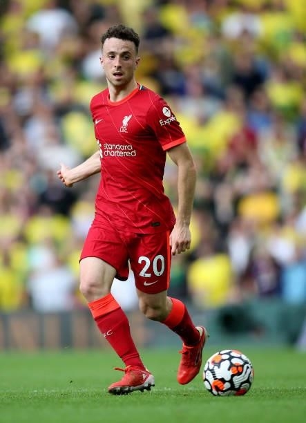 Diogo Jota of Liverpool during the Premier League match between Norwich City and Liverpool at Carrow Road on August 14, 2021 in Norwich, England.