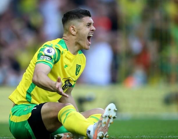 Milot Rashica of Norwich City appeals for a penalty during the Premier League match between Norwich City and Liverpool at Carrow Road on August 14,...