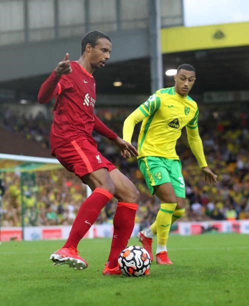 Joel Matip of Liverpool during the Premier League match between Norwich City and Liverpool at Carrow Road on August 14, 2021 in Norwich, England.