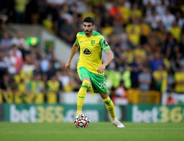 Pierre Lees-Melou of Norwich City during the Premier League match between Norwich City and Liverpool at Carrow Road on August 14, 2021 in Norwich,...