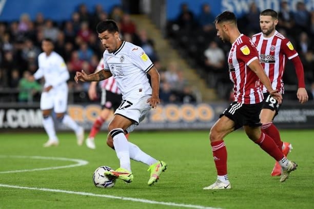 Joël Piroe of Swansea City in action during the Sky Bet Championship match between Swansea City and Sheffield United at the Swansea.com Stadium on...