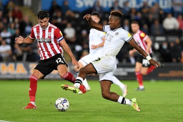 Jamal Lowe of Swansea City in action during the Sky Bet Championship match between Swansea City and Sheffield United at the Swansea.com Stadium on...