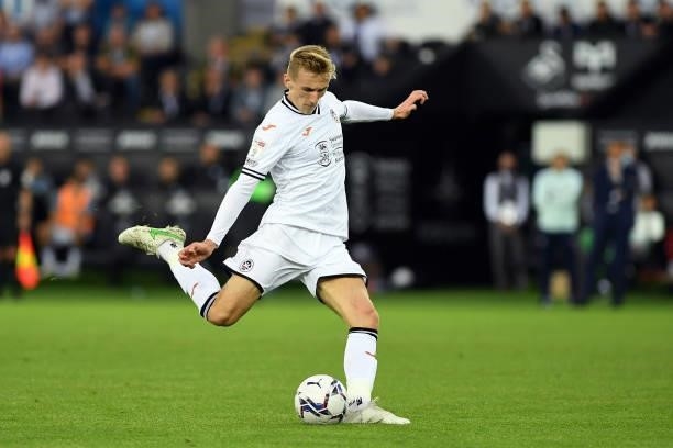 Flynn Downes of Swansea City in action during the Sky Bet Championship match between Swansea City and Sheffield United at the Swansea.com Stadium on...