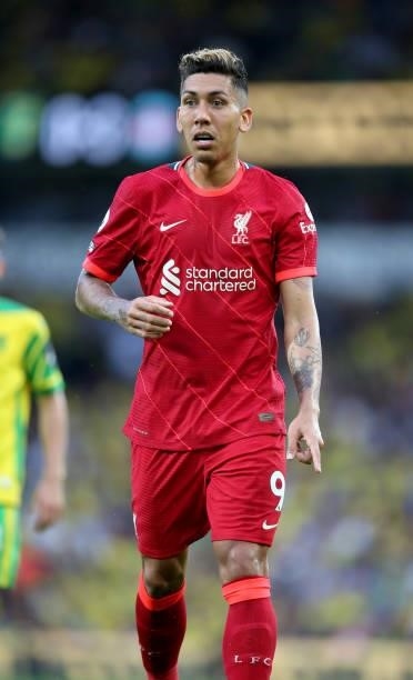 Roberto Firmino of Liverpool during the Premier League match between Norwich City and Liverpool at Carrow Road on August 14, 2021 in Norwich, England.