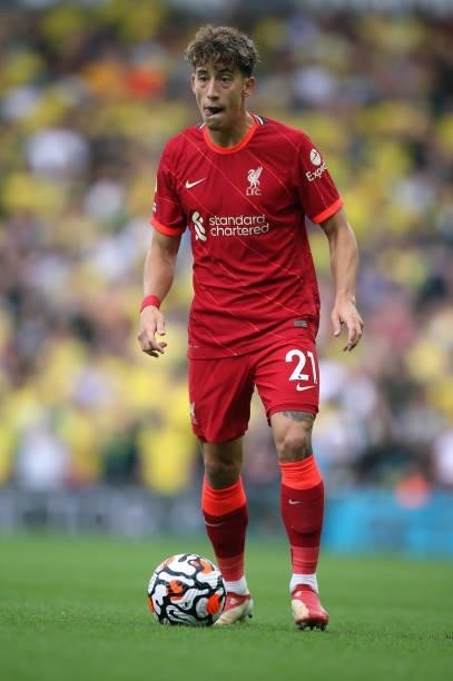 Konstantinos Tsimikas of Liverpool during the Premier League match between Norwich City and Liverpool at Carrow Road on August 14, 2021 in Norwich,...