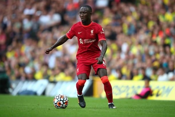 Naby Keita of Liverpool during the Premier League match between Norwich City and Liverpool at Carrow Road on August 14, 2021 in Norwich, England.